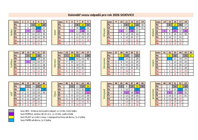 Kalendář svozu odpadu pro&nbsp;rok 2026